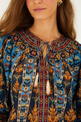 Blue Embroidered Tapestry Tassels Puff Sleeve Blouse - FARM Rio EMBROIDERED TAPESTRY BLUE