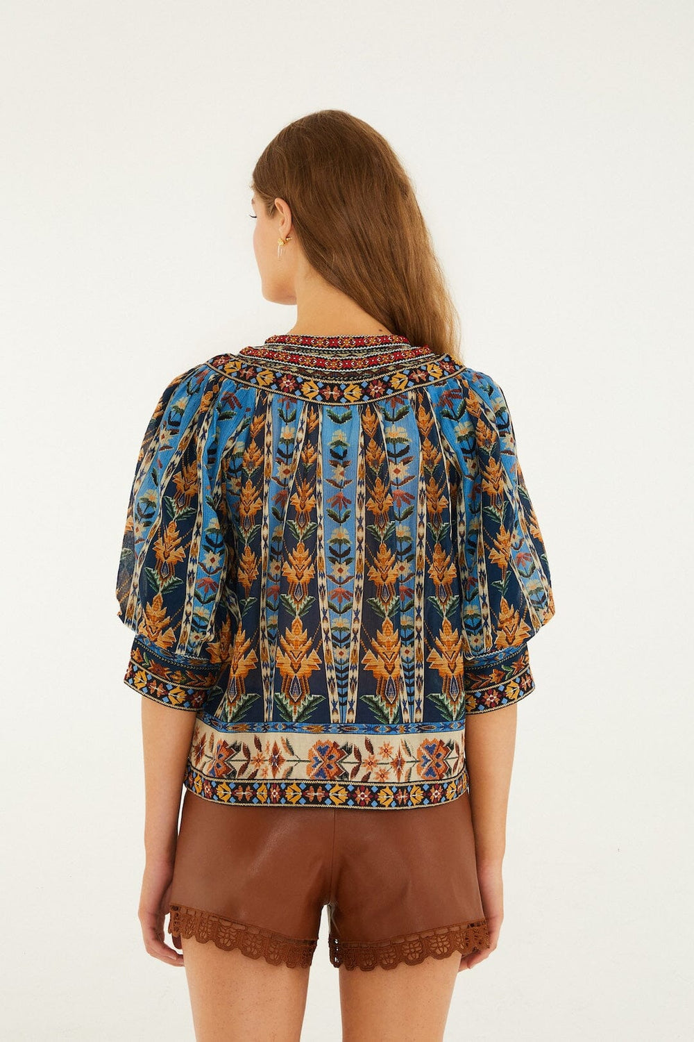 Blue Embroidered Tapestry Tassels Puff Sleeve Blouse - FARM Rio EMBROIDERED TAPESTRY BLUE