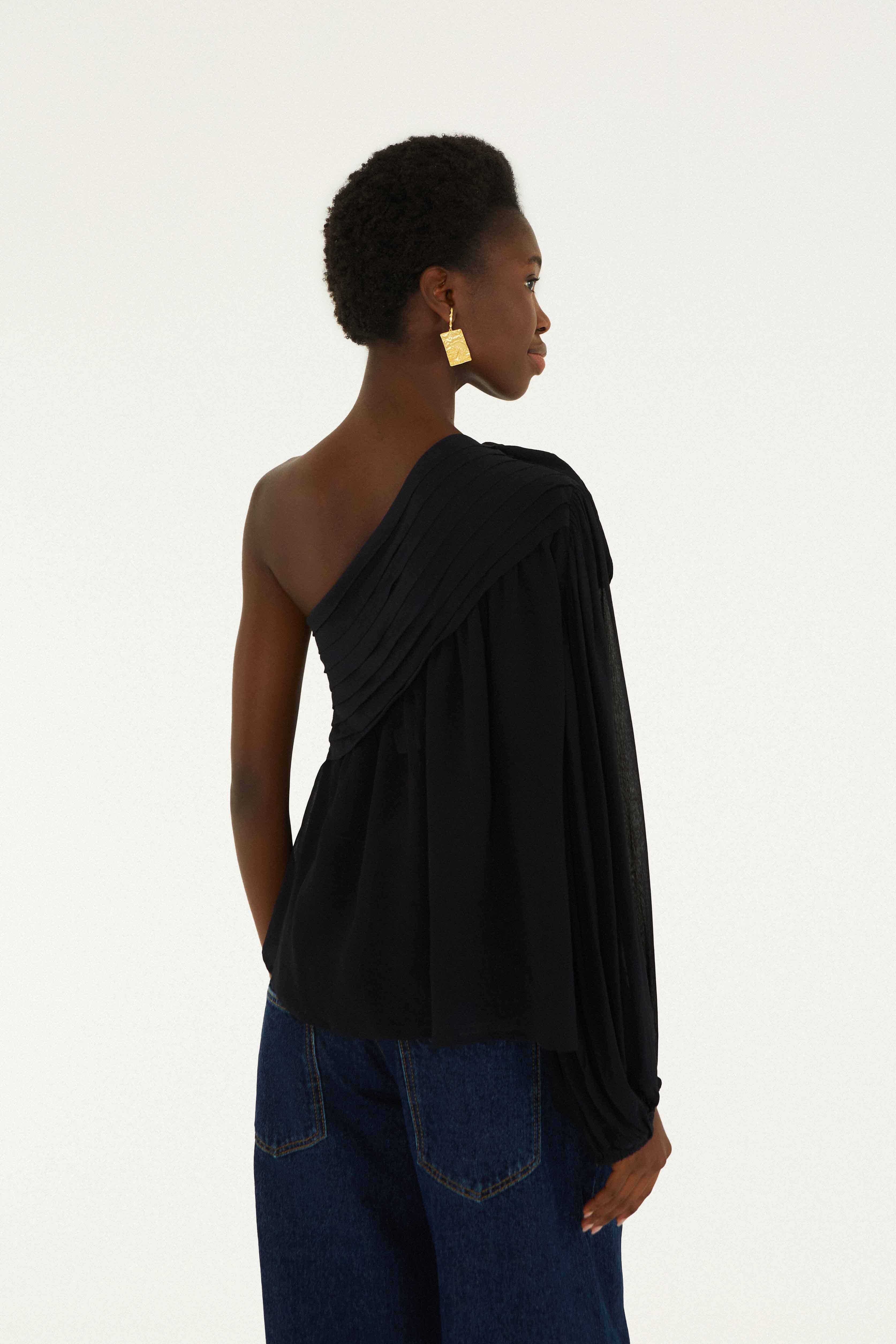 Black Rose One Shoulder Blouse - FARM Rio BLACK