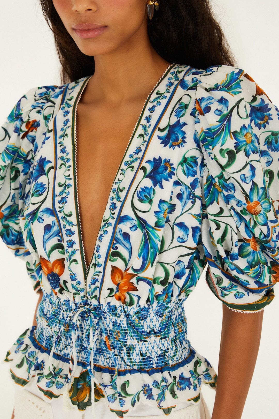 Off-White Flora Tile Smocked Organic Cotton Blouse - FARM Rio FLORA TILE OFF-WHITE