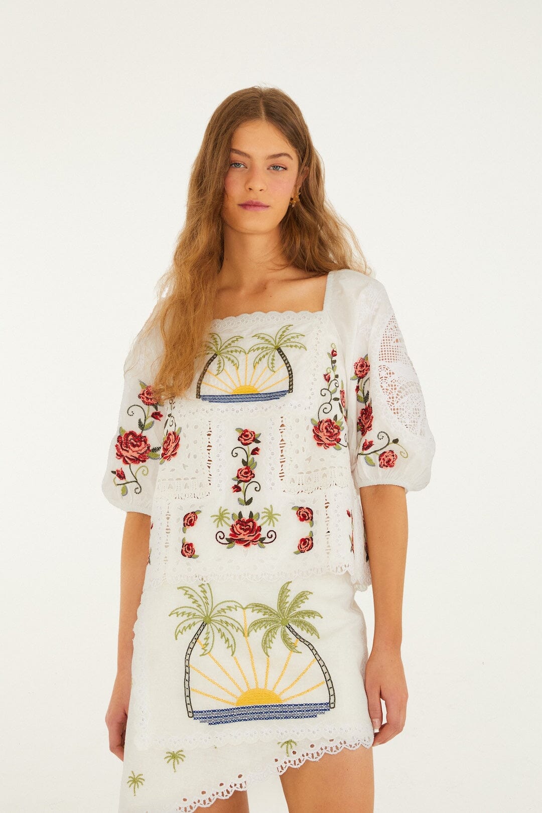 Off-White Tropi Scarf Embroidered Organic Cotton Blouse - FARM Rio TROPI OFF-WHITE SCARF