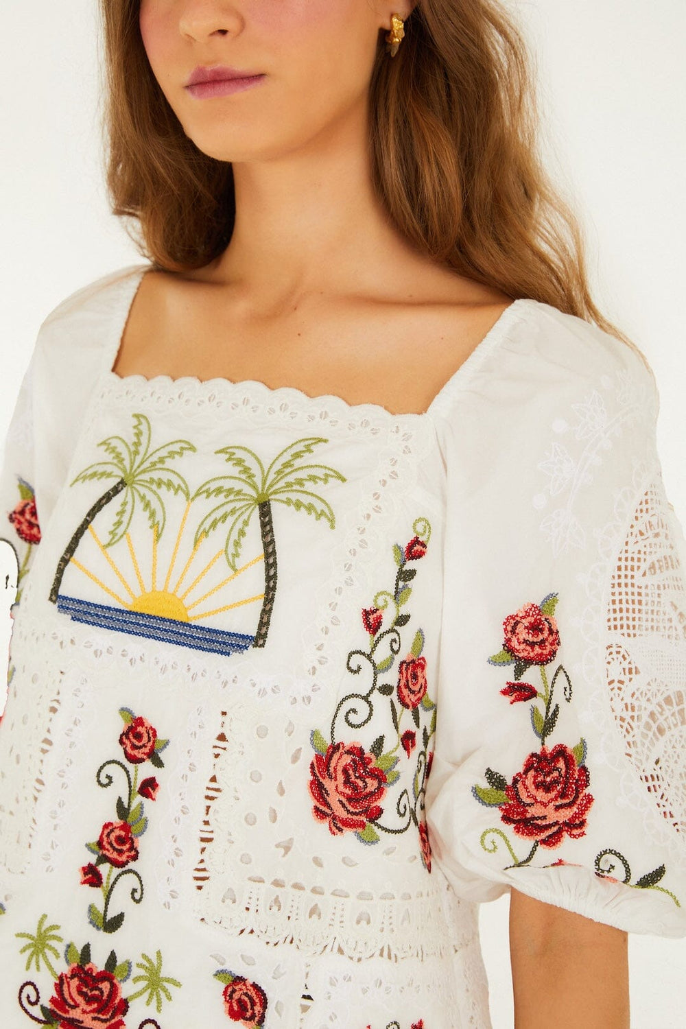 Off-White Tropi Scarf Embroidered Organic Cotton Blouse - FARM Rio TROPI OFF-WHITE SCARF