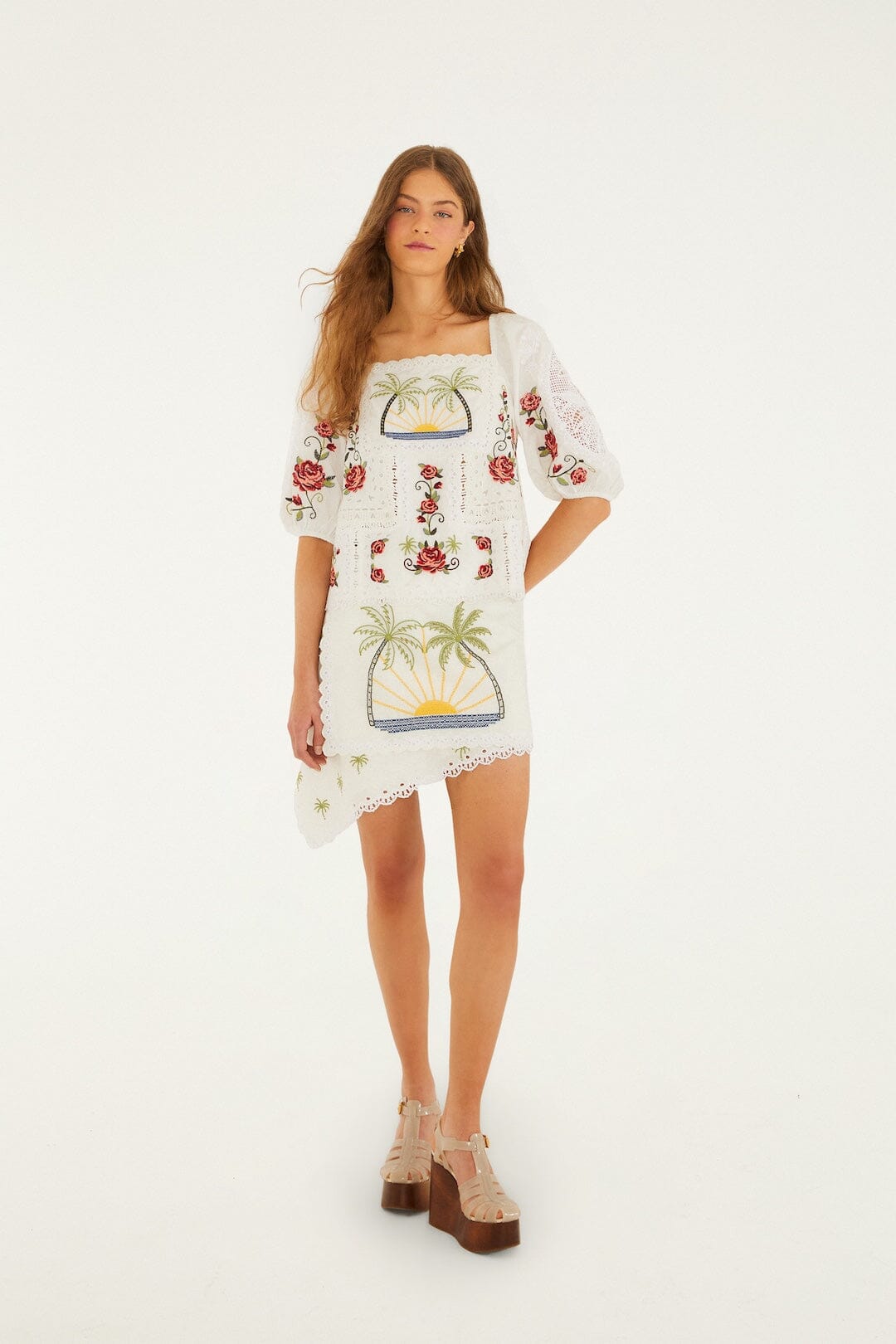 Off-White Tropi Scarf Embroidered Organic Cotton Blouse - FARM Rio TROPI OFF-WHITE SCARF