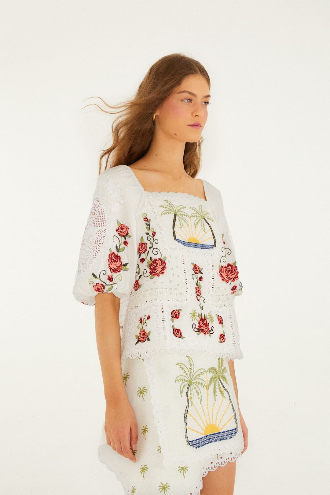Off-White Tropi Scarf Embroidered Organic Cotton Blouse - FARM Rio TROPI OFF-WHITE SCARF