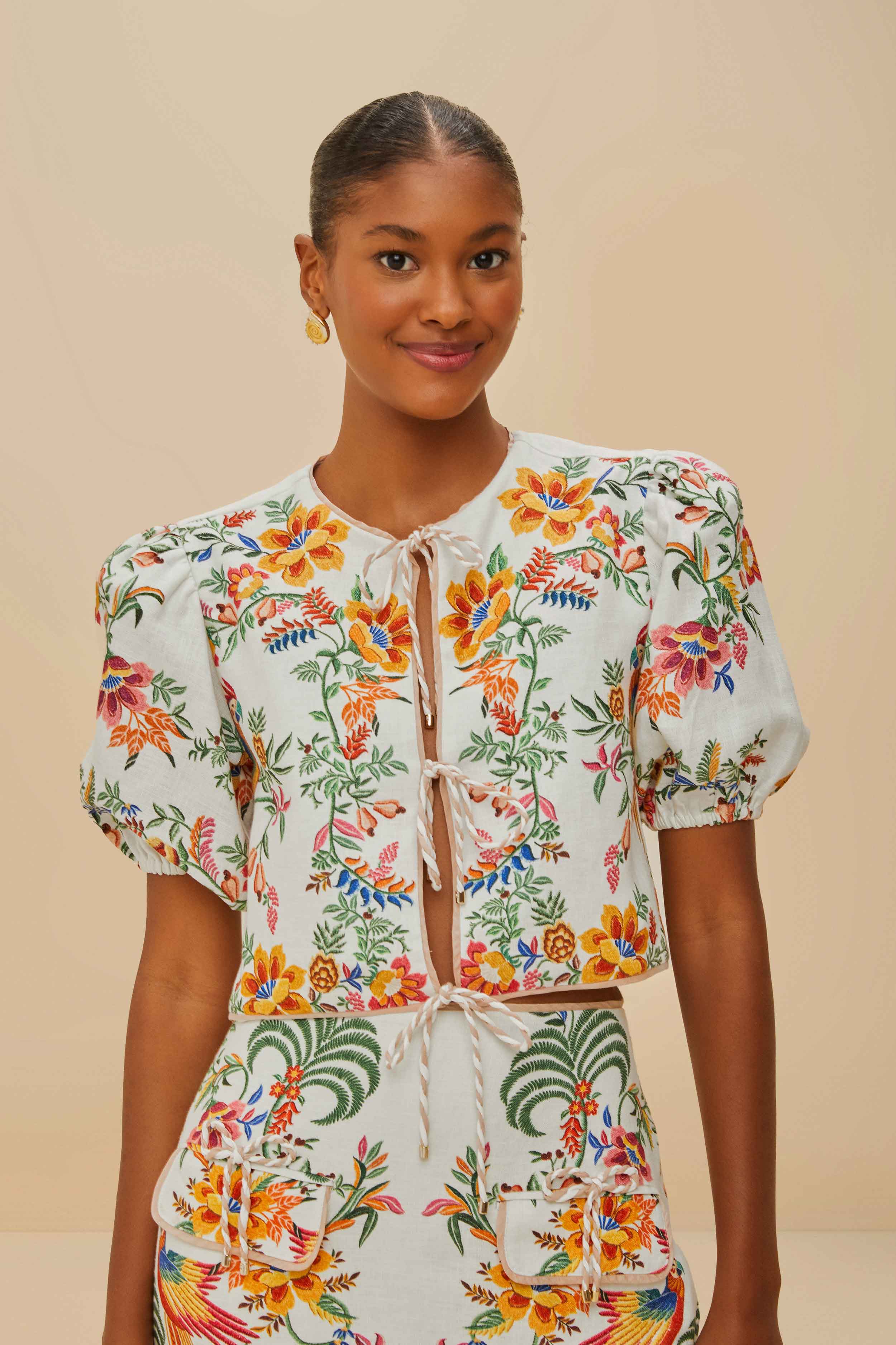 Off-White Delicate Forest Scarves Blouse - FARM Rio DELICATE FOREST SCARVES OFF-WHITE