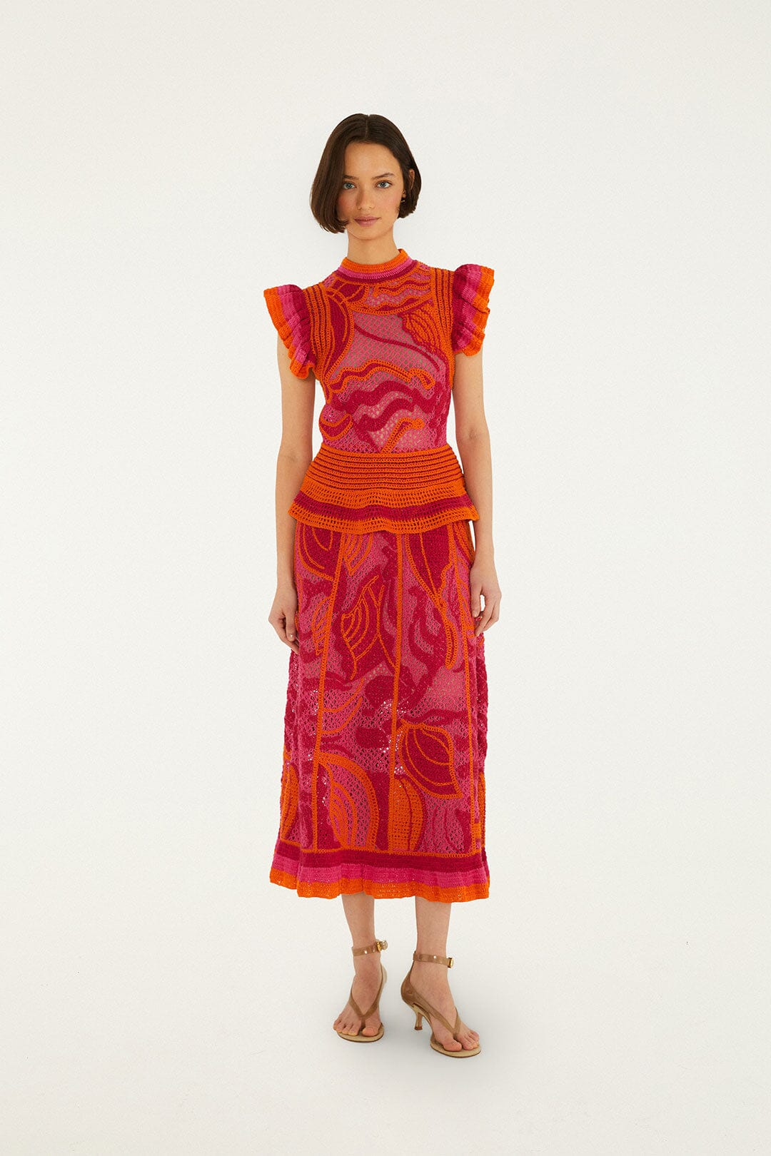 Pink And Orange Seashell Crochet Midi Skirt - FARM Rio PINK AND ORANGE