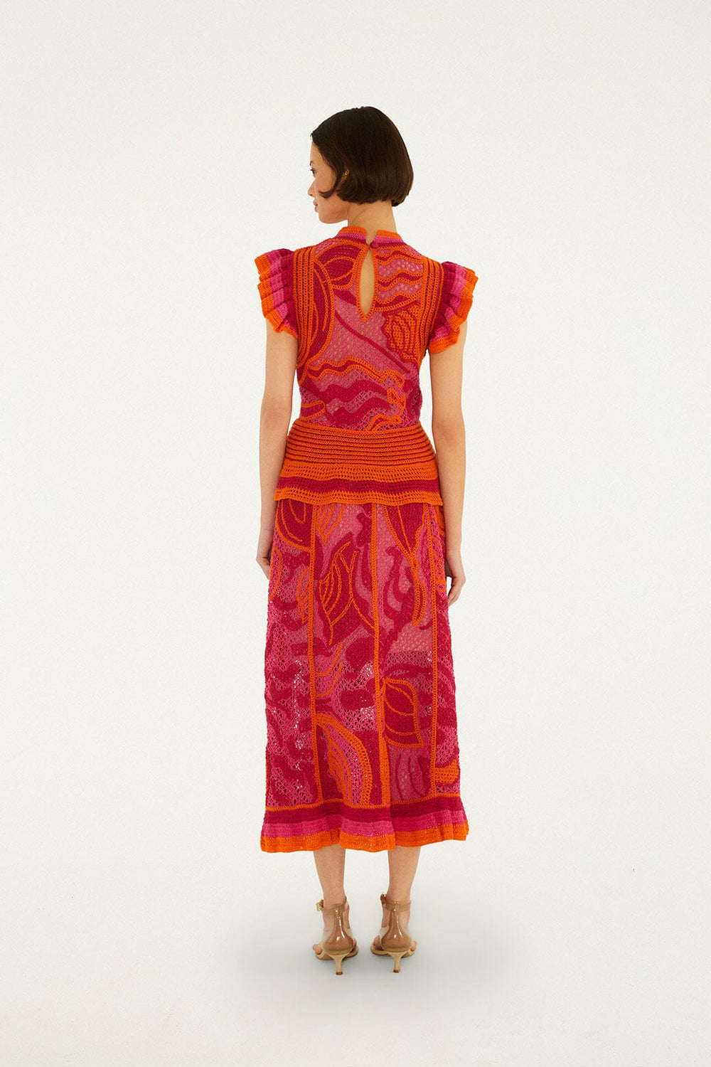 Pink And Orange Seashell Crochet Midi Skirt - FARM Rio PINK AND ORANGE