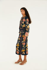 Dark Blue Maira Floral Euroflax Premium Linen Midi Skirt - FARM Rio MAIRA FLORAL DARK BLUE