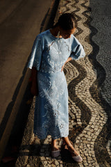 Denim Richelieu Wavy Hem Midi Skirt - FARM Rio DENIM