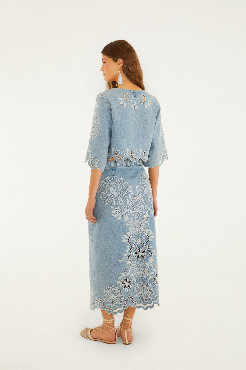 Denim Richelieu Wavy Hem Midi Skirt - FARM Rio DENIM
