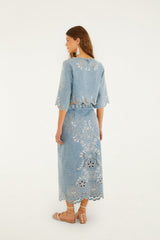 Denim Richelieu Wavy Hem Midi Skirt - FARM Rio DENIM