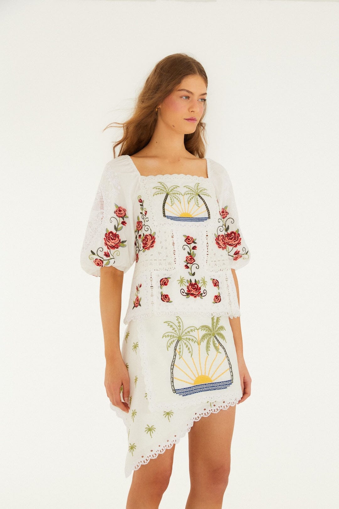 Off-White Tropi Scarf Embroidered Euroflax Premium Linen Mini Skirt - FARM Rio TROPI OFF-WHITE SCARF