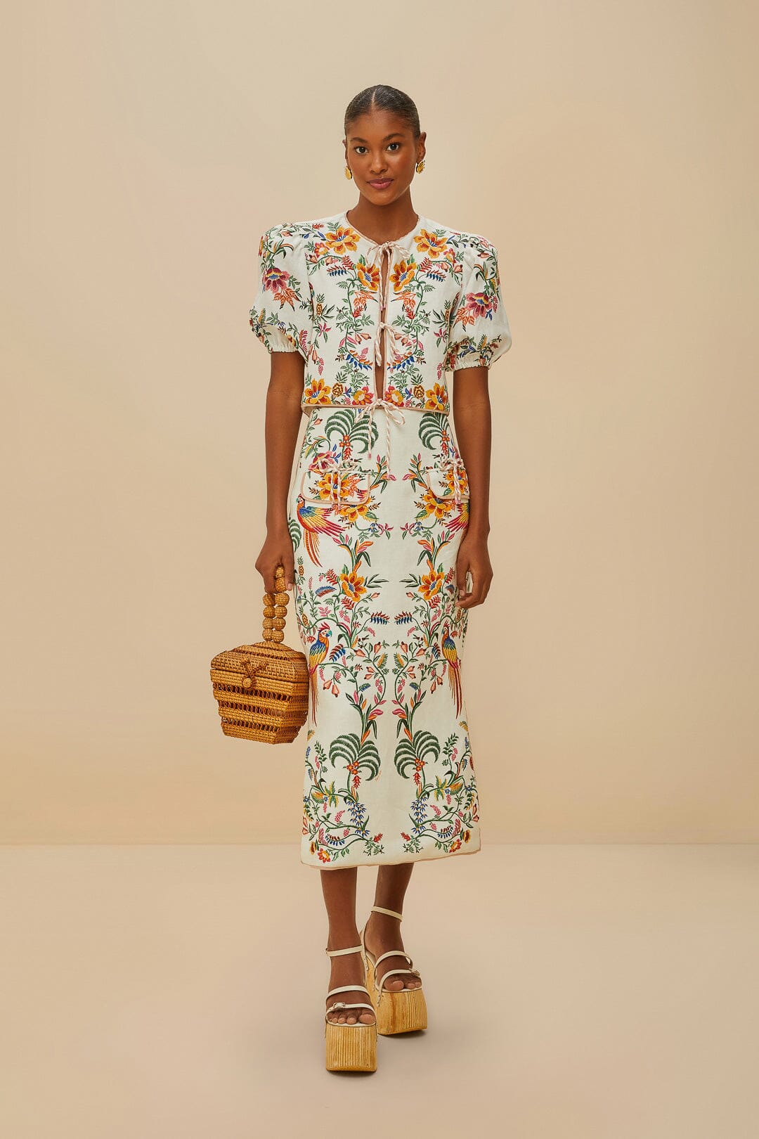 Off-White Delicate Forest Midi Skirt - FARM Rio DELICATE FOREST OFF-WHITE