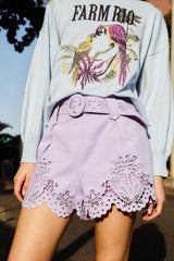 Lilac Geometric Richelieu Twill Belted Shorts - FARM Rio PURPLE