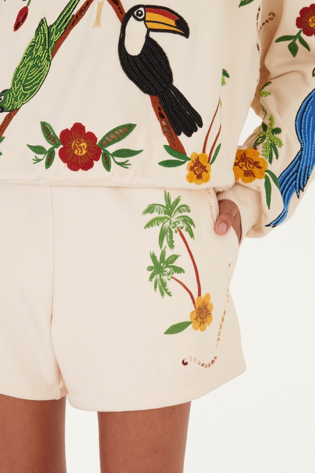 Off-White Coconut Trees Come To Rio Embroidered Shorts - FARM Rio OFF-WHITE