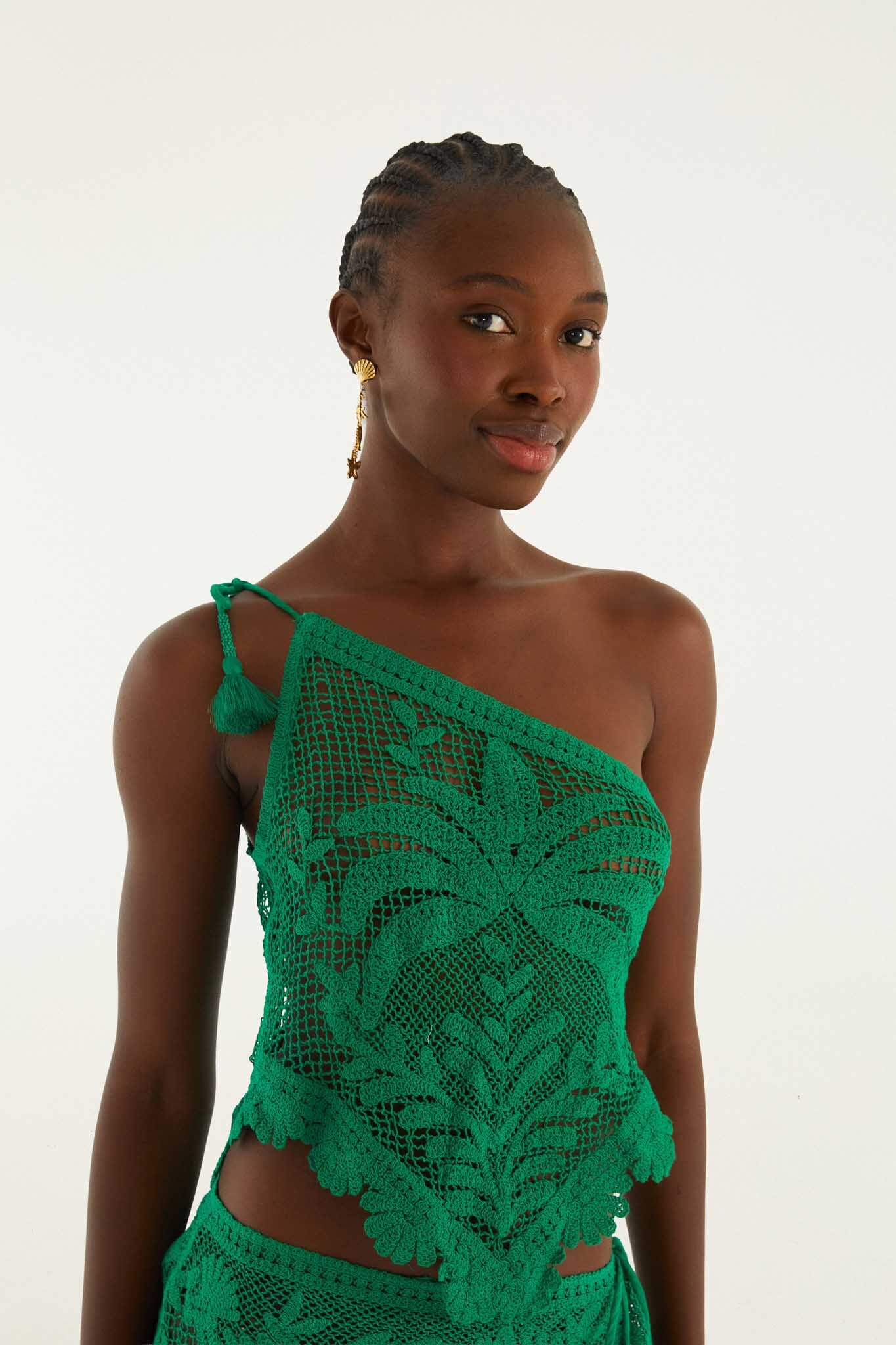 Green One-Shoulder Sheer Blouse - FARM Rio MARTINA TAPESTRY