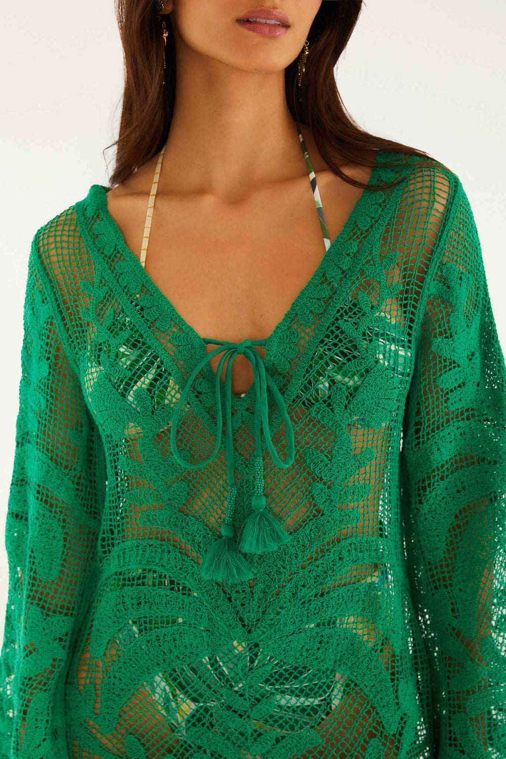 Green Richelieu Open Sheer Back Mini Dress - FARM Rio MARTINA TAPESTRY