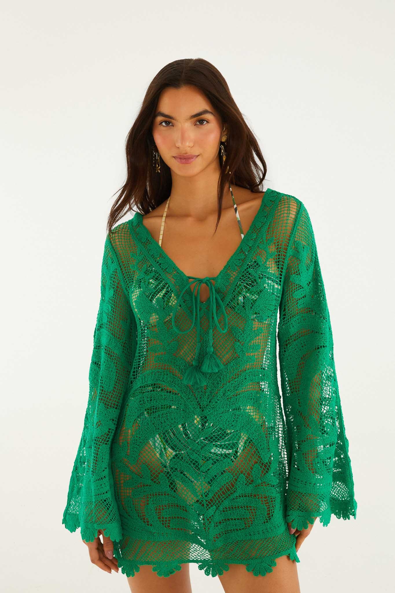 Green Richelieu Open Sheer Back Mini Dress - FARM Rio MARTINA TAPESTRY