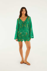 Green Richelieu Open Sheer Back Mini Dress - FARM Rio MARTINA TAPESTRY