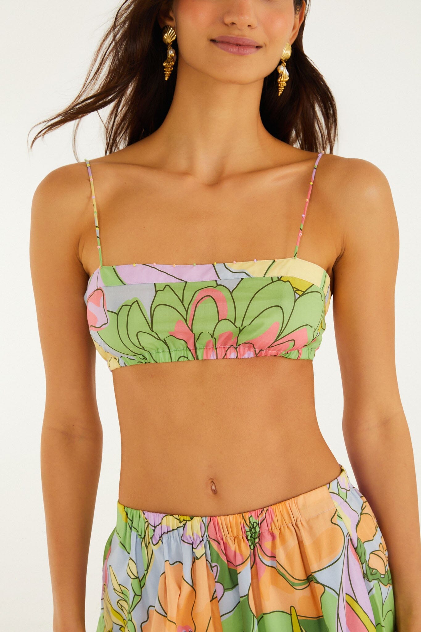 Multicolor Spring Affair Beaded Organic Cotton Crop Top - FARM Rio SPRING AFFAIR LIGHT BLUE