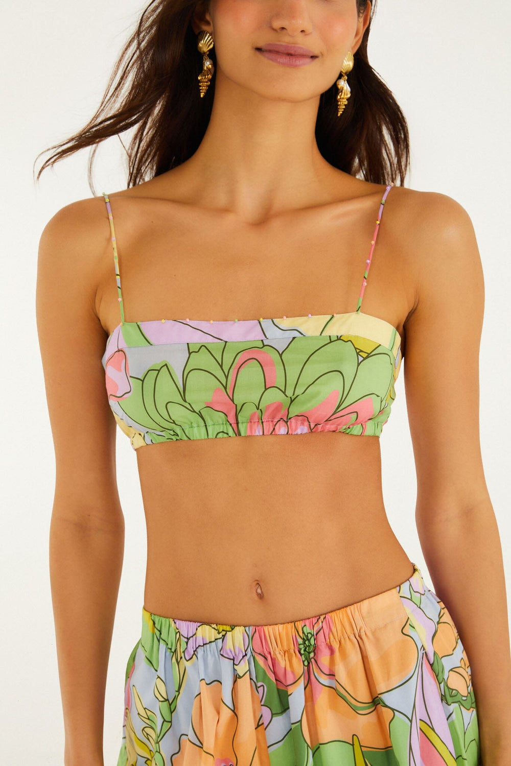 Multicolor Spring Affair Beaded Organic Cotton Crop Top - FARM Rio SPRING AFFAIR LIGHT BLUE