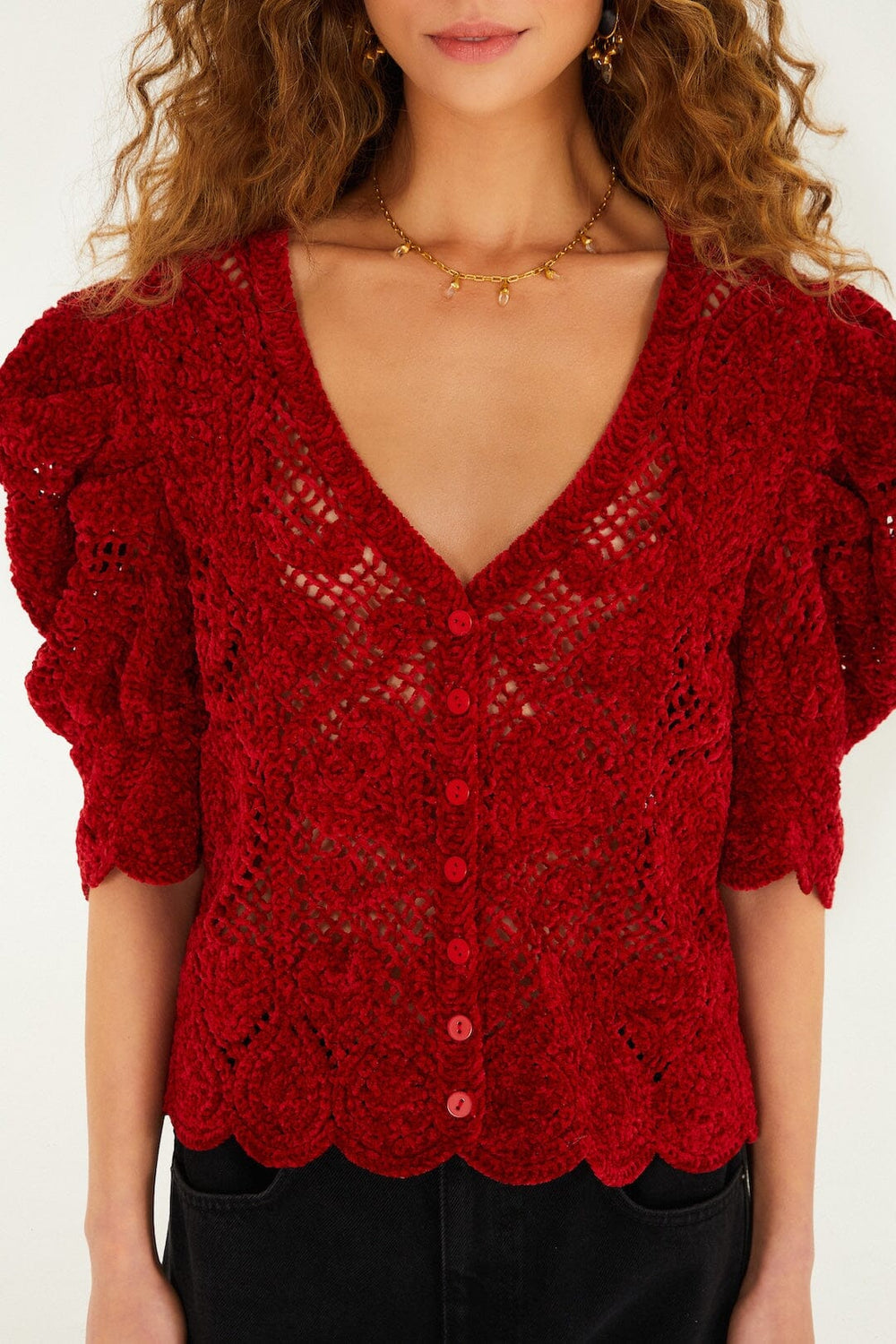 Red Rococo Hearts Puff Sleeve Crochet Cardigan - FARM Rio RED
