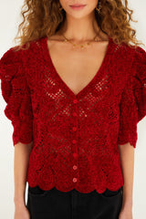 Red Rococo Hearts Puff Sleeve Crochet Cardigan - FARM Rio RED